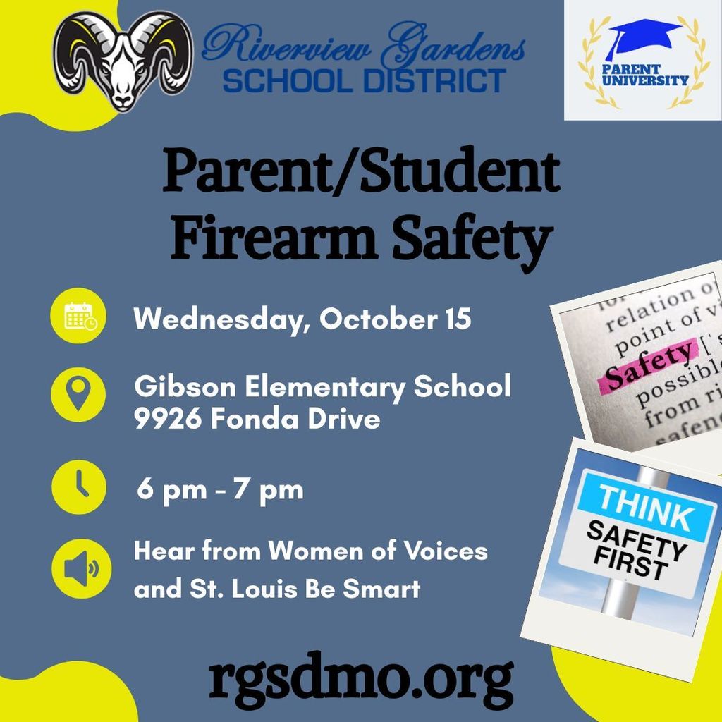 Firearm Safety Night. Wednesday, October 15 from 6 pm to 7 pm at Gibson Elementary School, 9926 Fonda Drive. Meeting is open to the public.