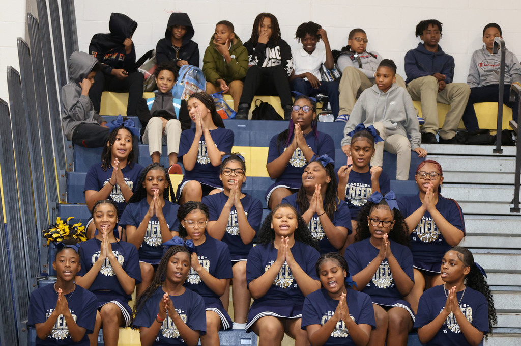 Westview Middle School cheerleaders cheering in bleachers
