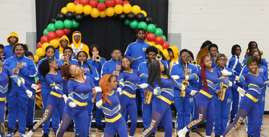 RGHS Marching Band, Color Guard, and Drill Team perform at Bellefontaine Neighbors Black History Celebration. 
