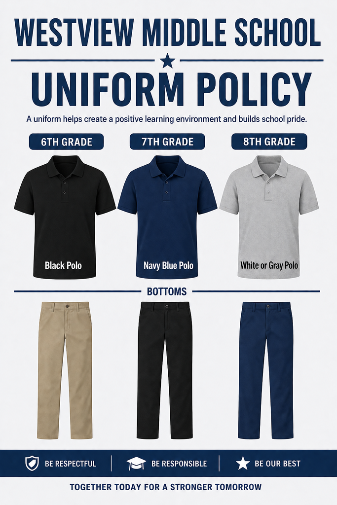 Uniform Policy 2026 Uniform Policy: 6th Grade Black Polos 7th Grade: Navy Blue Polos 8th Grade: White/Gray Polos Bottoms: Khake, Black, Navy Prohibited Items: Open Toe Shoes, Hoods, Hats, Denim, Headphones ,leggins, Crocs