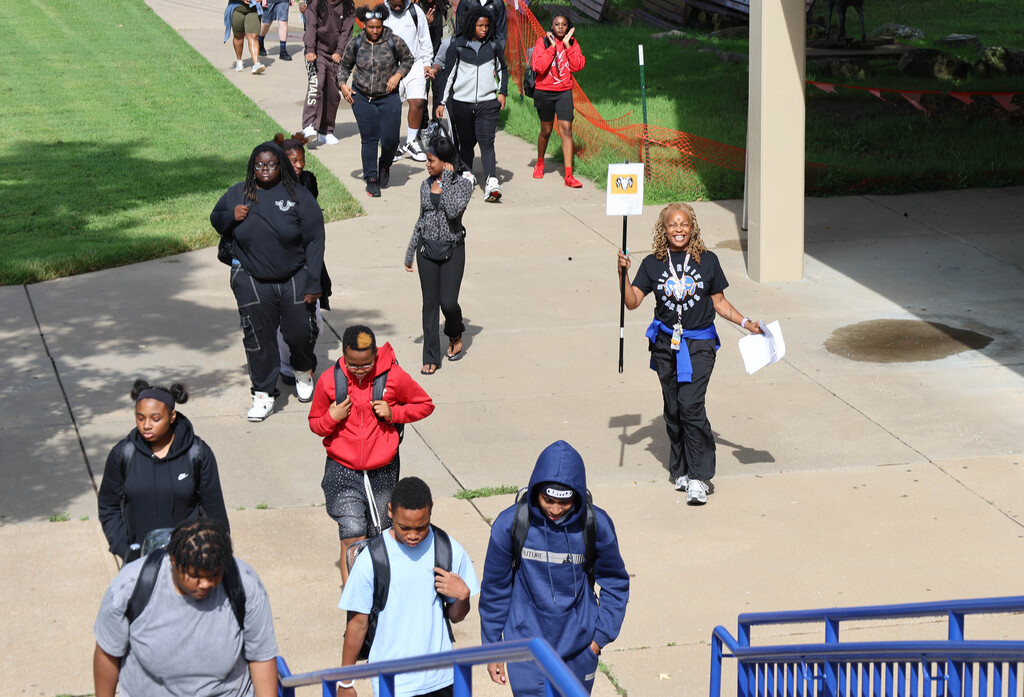 High school students approaching the stairs