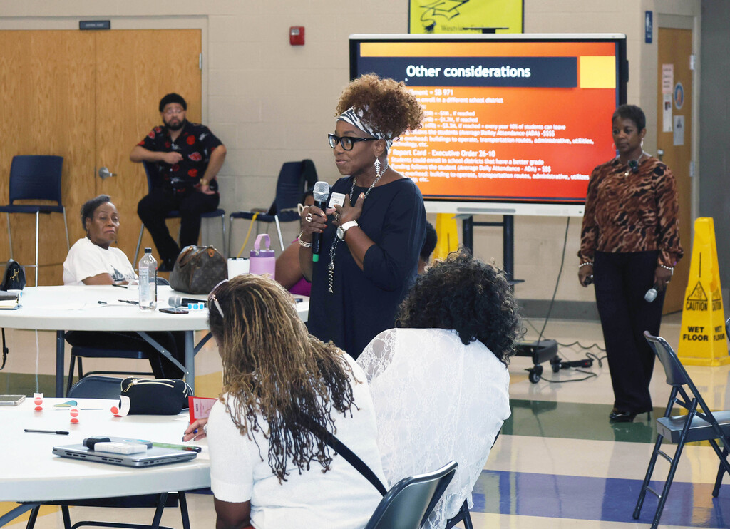 Wanda Lane speaks to group while holding microphone