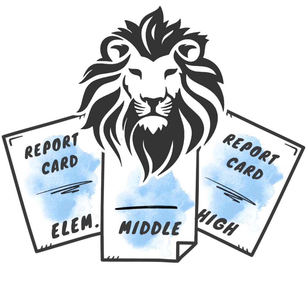 lion with report cards behind 