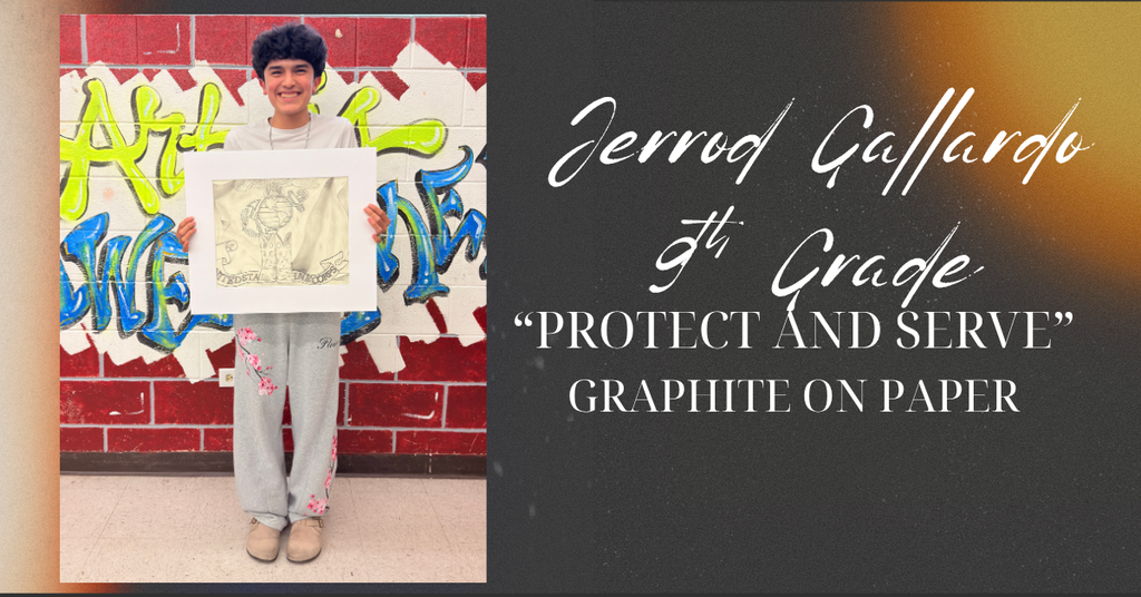 Jerrod smiling holding up his artwork. 