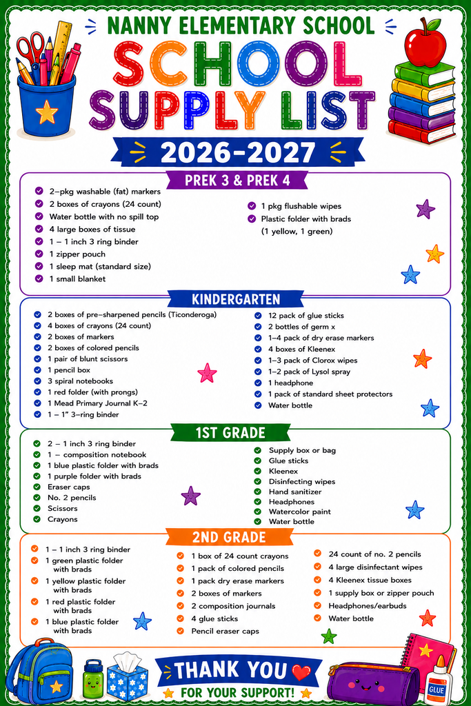 Nanny Supply List for 2026-2027 page 1