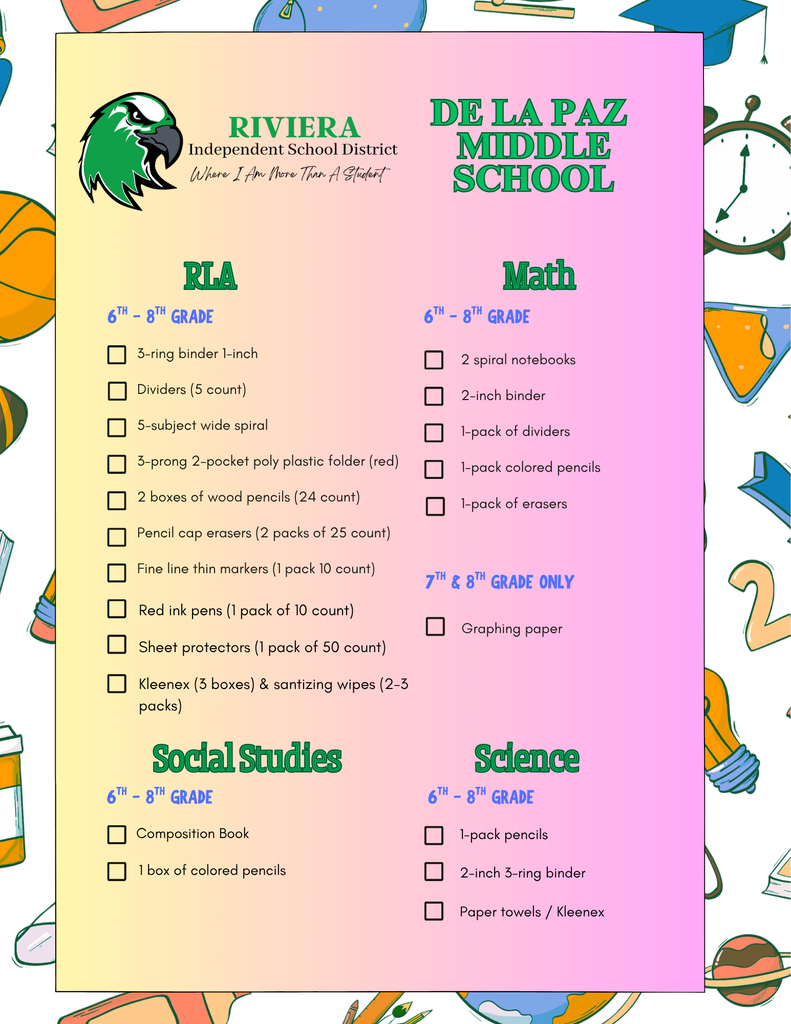 De La Paz Middle School 2026-2027 School Supplies Lists