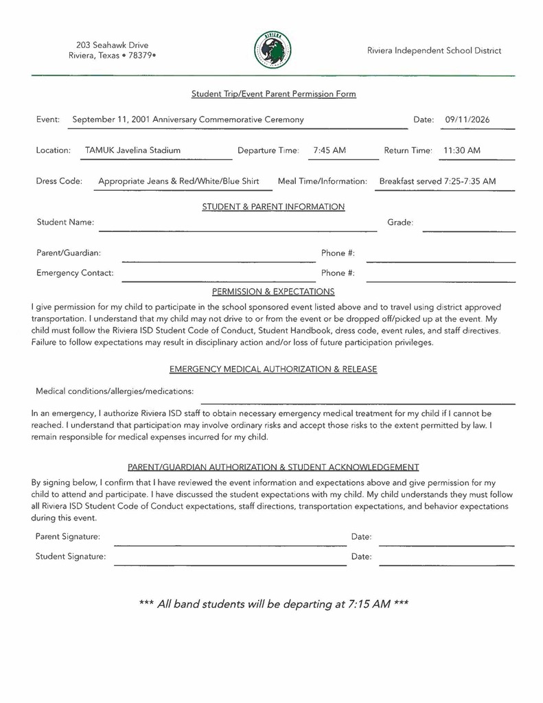 September 11, 2001 Anniversary Commemorative Ceremony (Permission Slip)