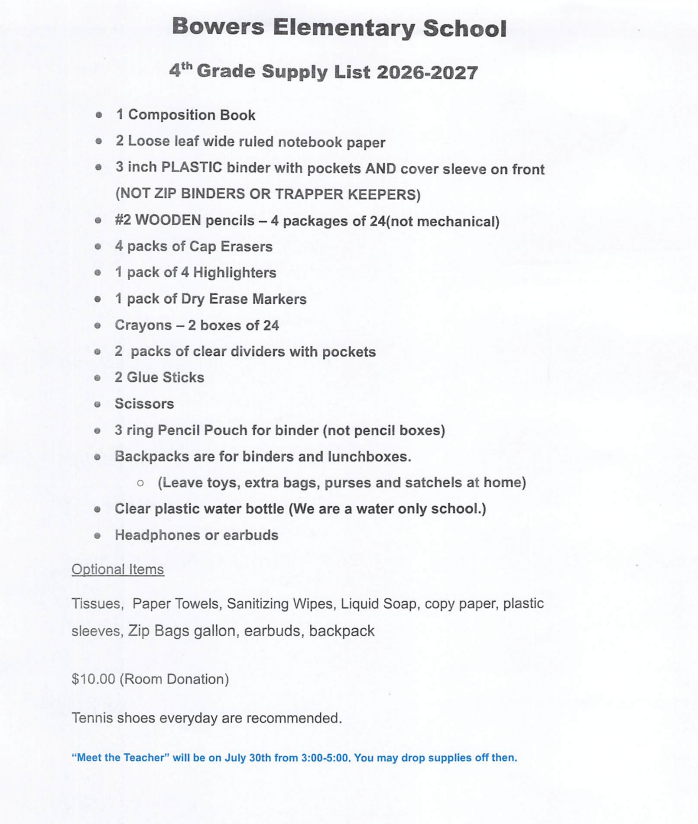 4th Grade Supply List