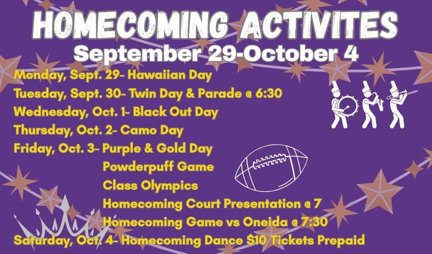 purple background with stars and list of activities