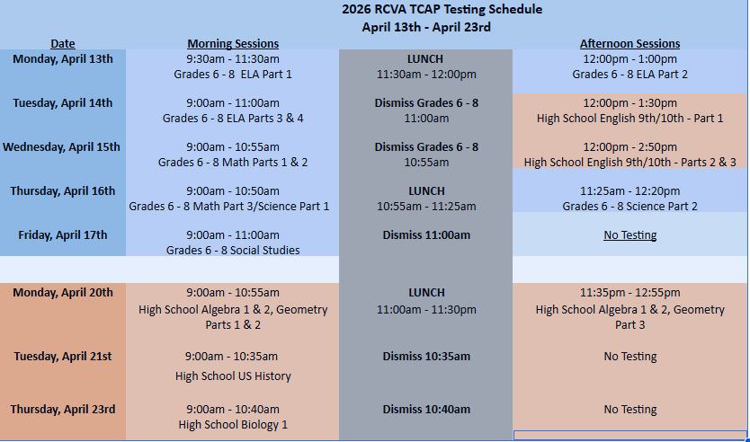 2026 RCVA Testing Schedule