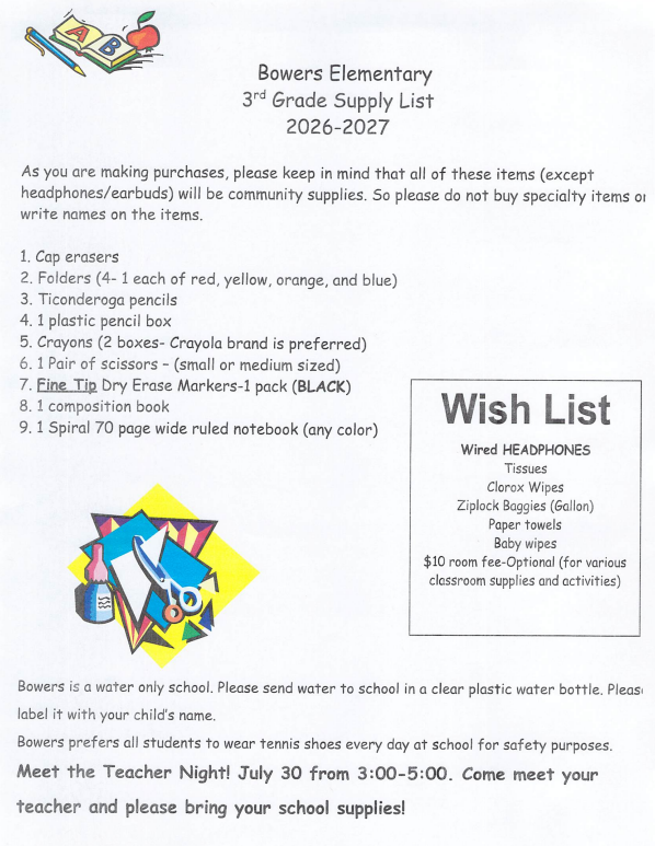 3rd Grade Supply List 2026-2027