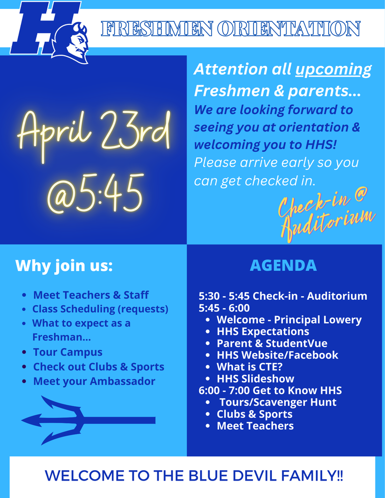 freshman orientation blue background divided with information
