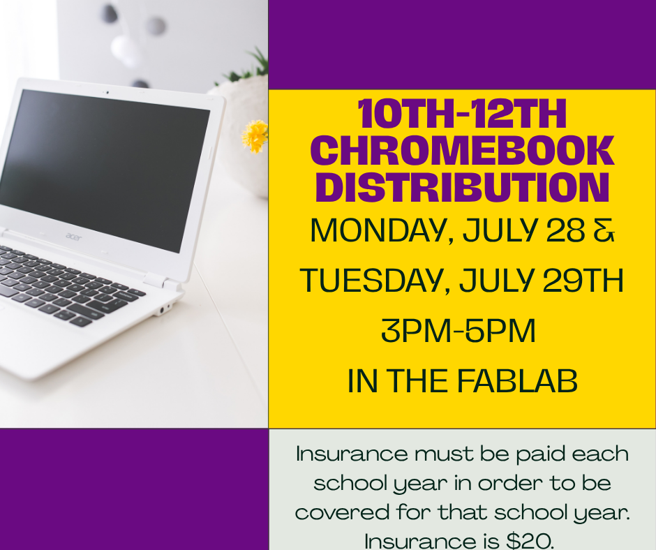 Picture of a Chromebook on a purple and gold background
