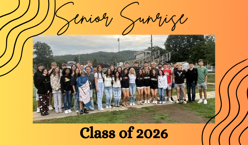 orange background with photo of senior class
