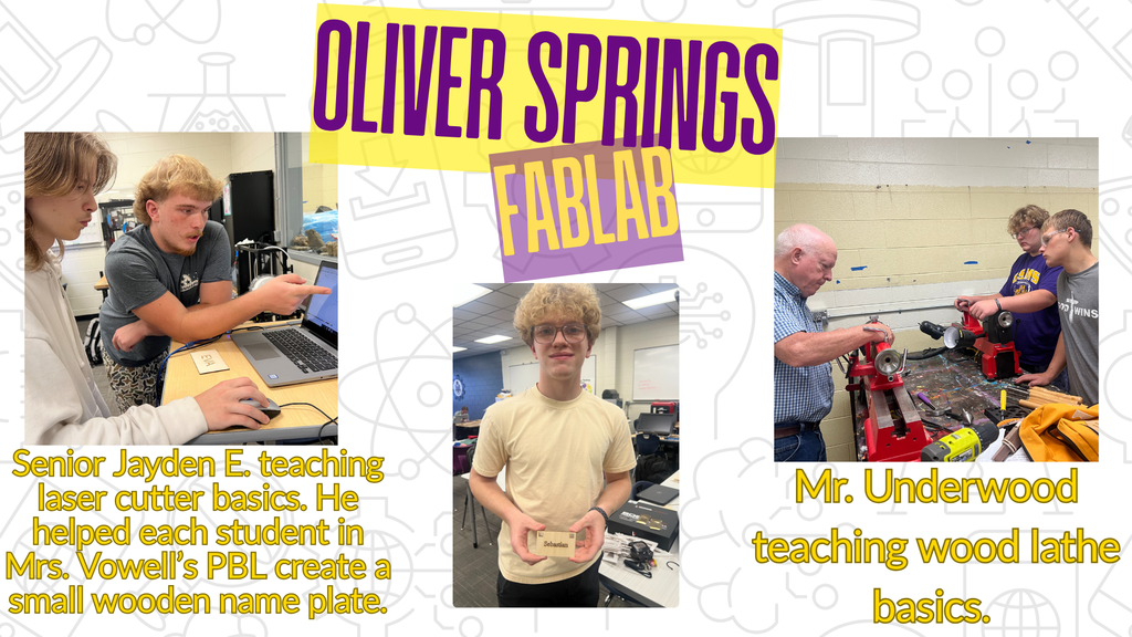 pictures of students working on the laser cutter and wood lathe in the FabLab