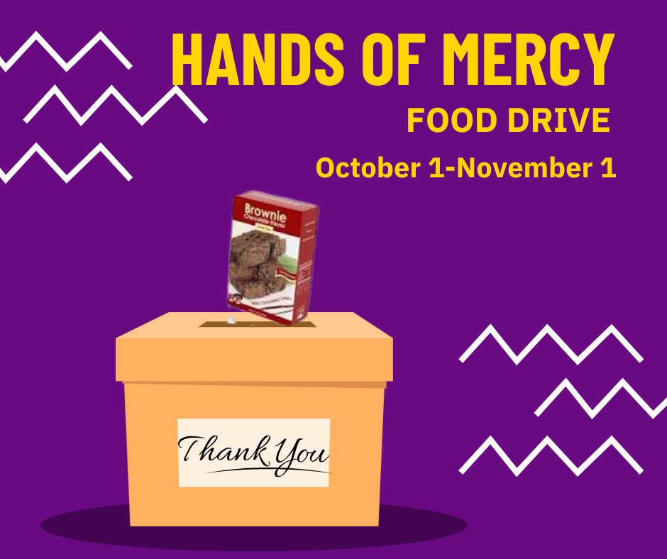 donation box with box of brownie mix being put inside