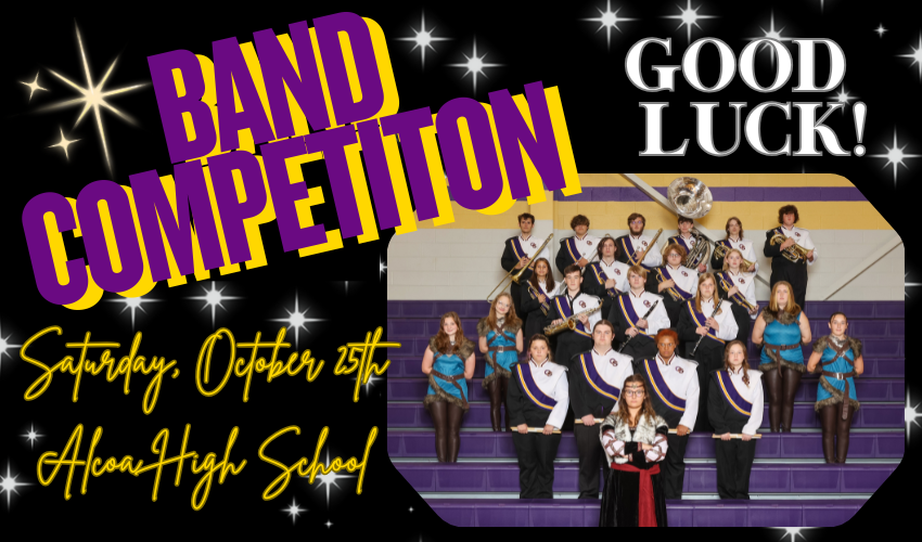 Picture of OSHS Band standing on bleachers with instruments on a black starry background