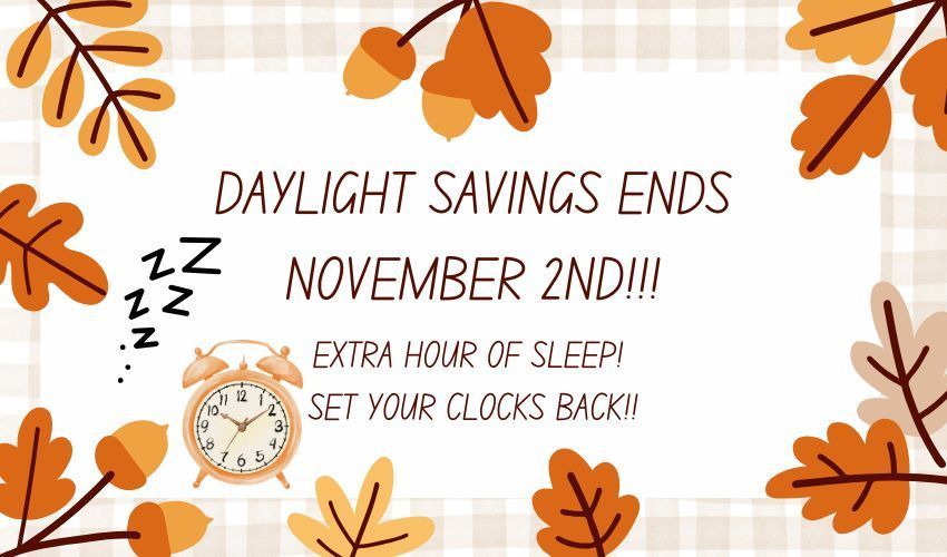 checker background with leaves and an alarm clock