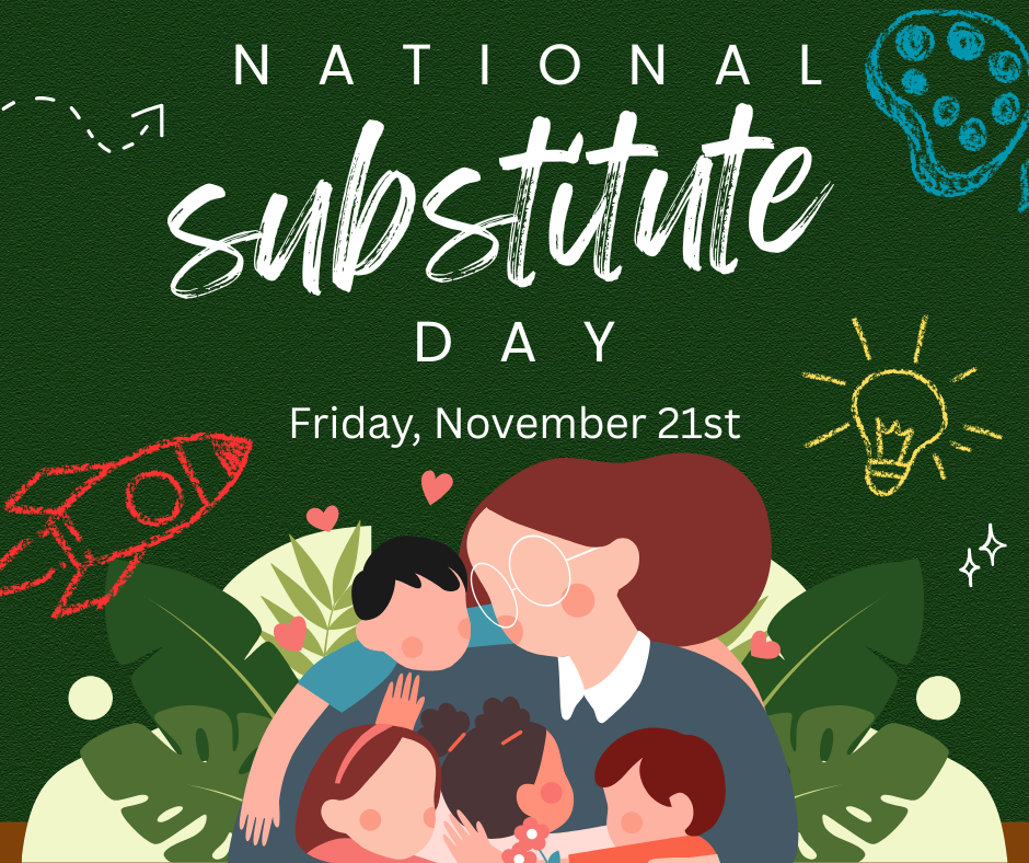 green background with cartoon woman hugging children