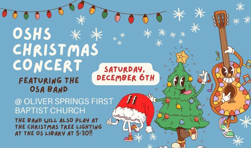 christmas tree, guitar, and santa hat dancing with snow flakes and string lights