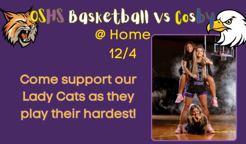Purple background with bobcat and eagle icons and photo of 3 girls basketball players