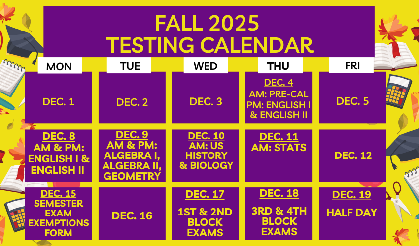 school icons with a calendar detailing testing dates