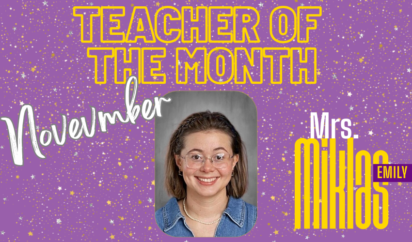 picture of Mrs. Miklas on a purple sparkle background