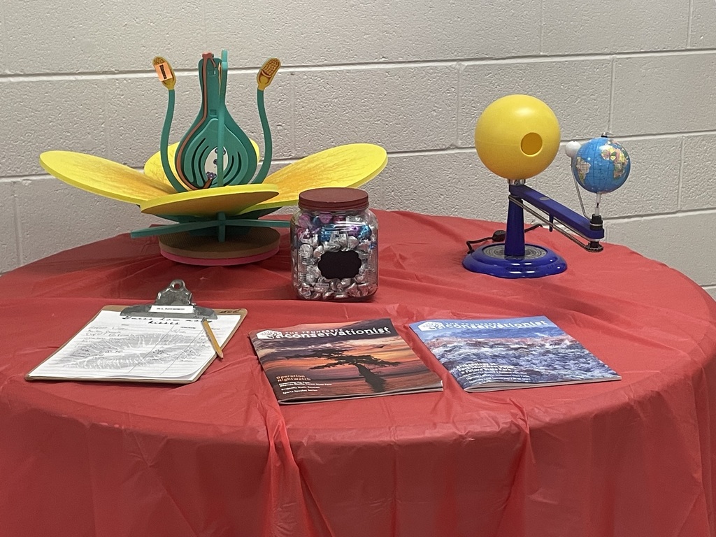 Science theme table containing models, guessing game, and scientific magazines