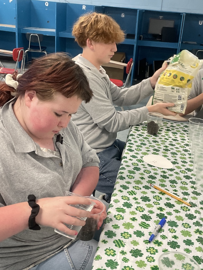 Students putting dirt into cups for seeds.