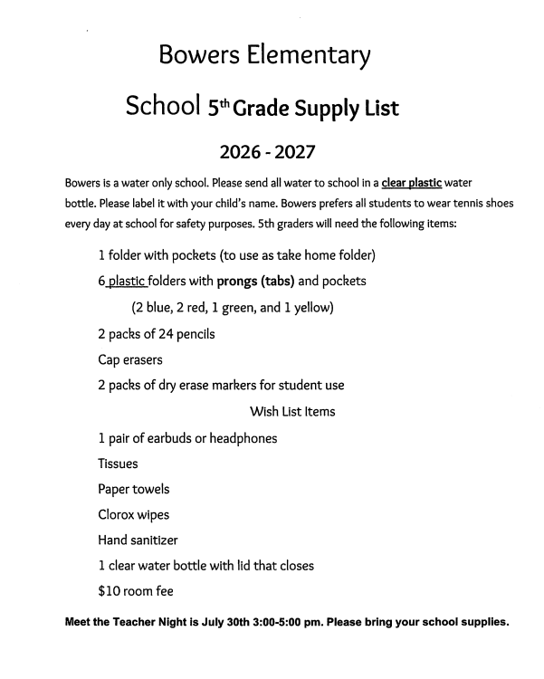 5th Supply List 2026-2027
