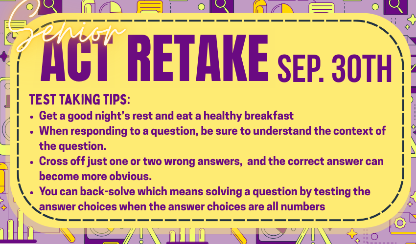 purple background with school icons and a large yellow box with test tips