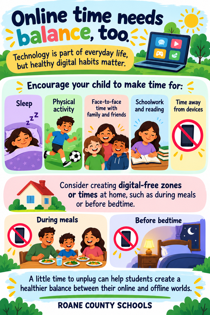 At Roane County Schools, we encourage families to help students develop healthy digital habits by making time for sleep, physical activity, reading, schoolwork, and meaningful connections with family and friends.