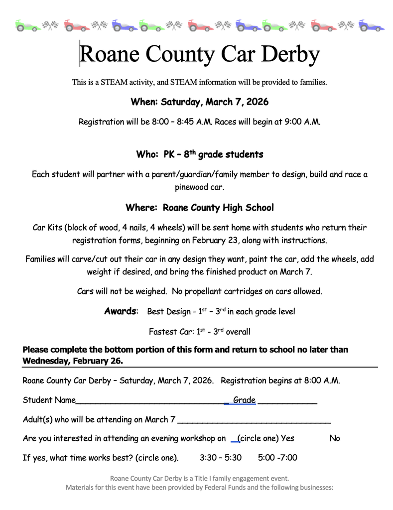 Roane County Car Derby- Registration forms will be accepted through Friday, February 27