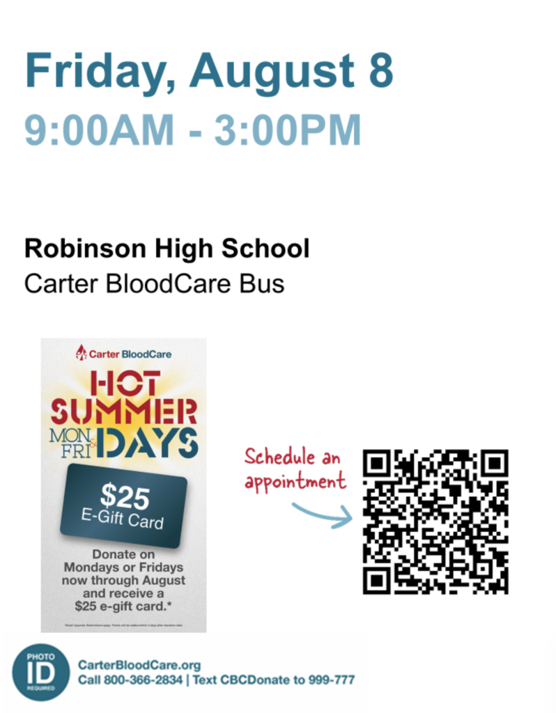 Carter Blood Care Blood Drive - Friday, May 2nd 8:30am-3:30pm at RHS