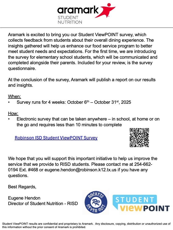 Aramark Survey Directions - contact the school if you need this information read to you.