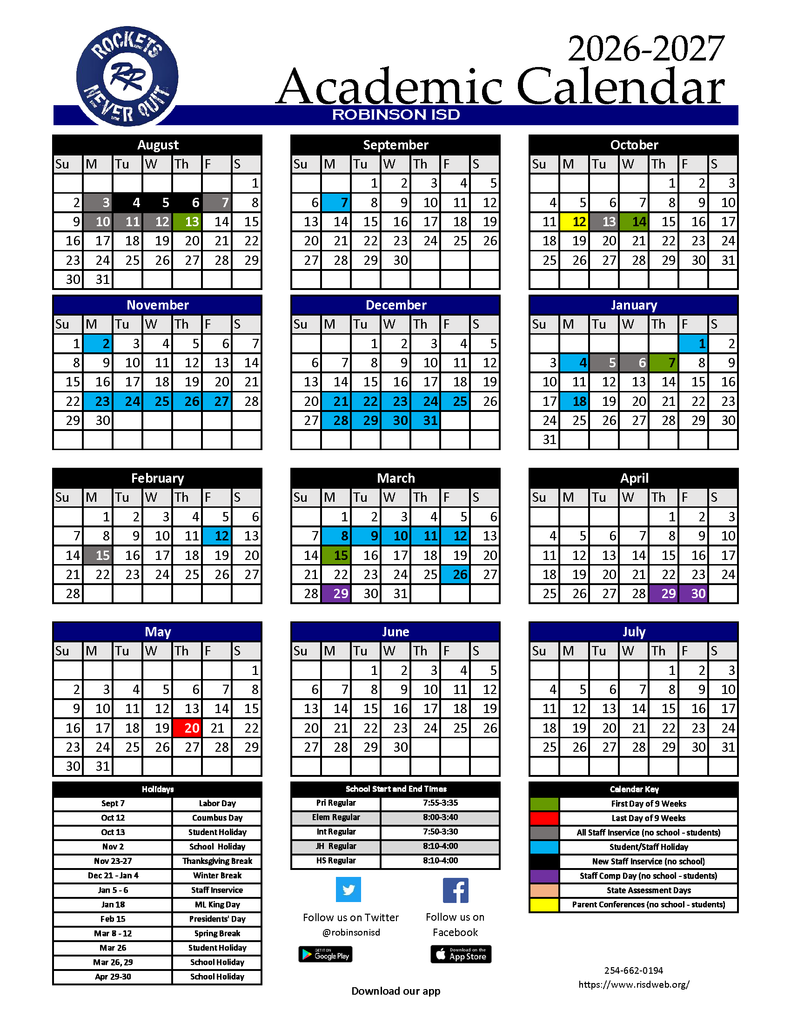 Robinson ISD 2026-27 School Calendar