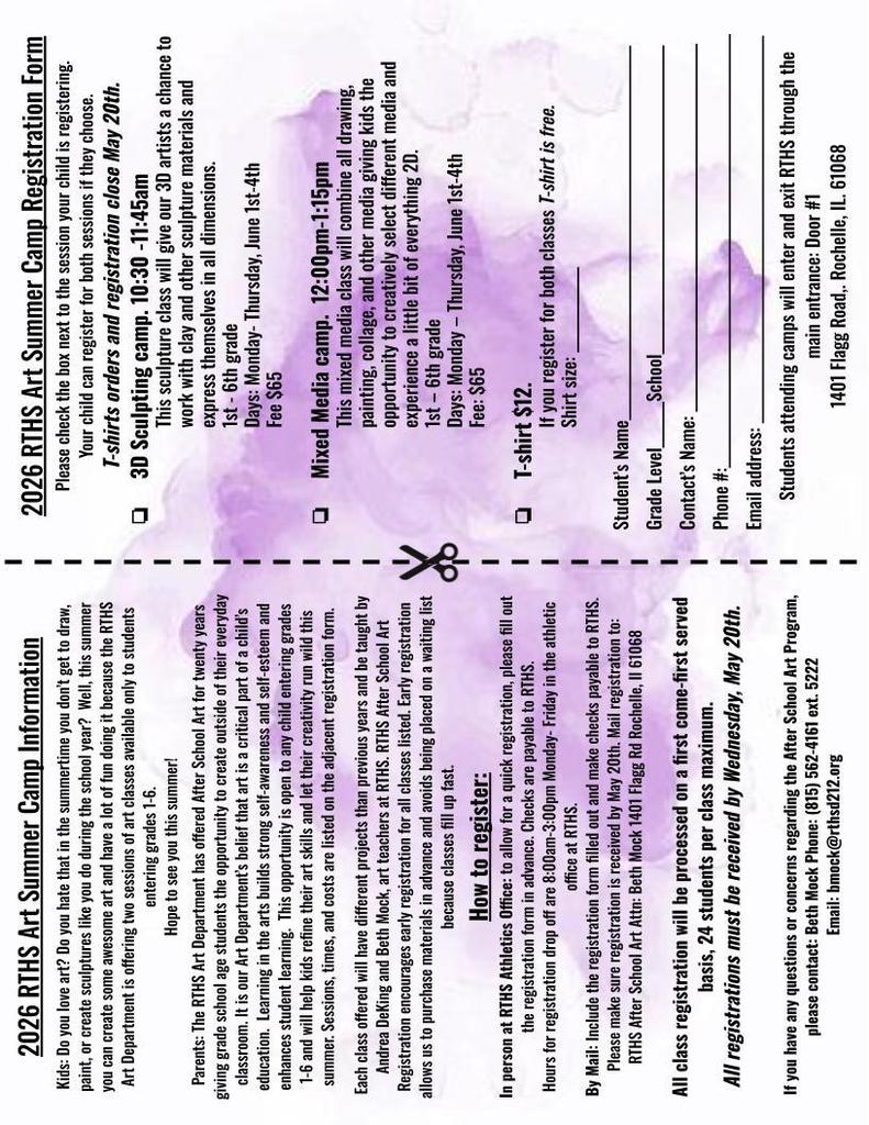 🎨☀️ RTHS Summer Art Camp is Back! ☀️🎨  Calling all young artists entering grades 1–6—get ready to create, explore, and have FUN this summer!  🖌️ 3D Sculpting Camp (10:30–11:45 AM) 🎨 Mixed Media Camp (12:00–1:15 PM)  📅 June 1–4 (Monday–Thursday) 💲 $65 per session 👕 Sign up for BOTH camps and get a FREE t-shirt!  From clay to painting to collage, this is the perfect chance for kids to let their creativity run wild and build their skills in a fun, supportive environment.  ⚠️ Spots fill quickly—don’t wait! Registration closes May 20th  📩 Questions? Contact Beth Mock 📞 (815) 562-4161 ext. 5222  #RTHS #ArtCamp #SummerCamp #YoungArtists #CreativeKids