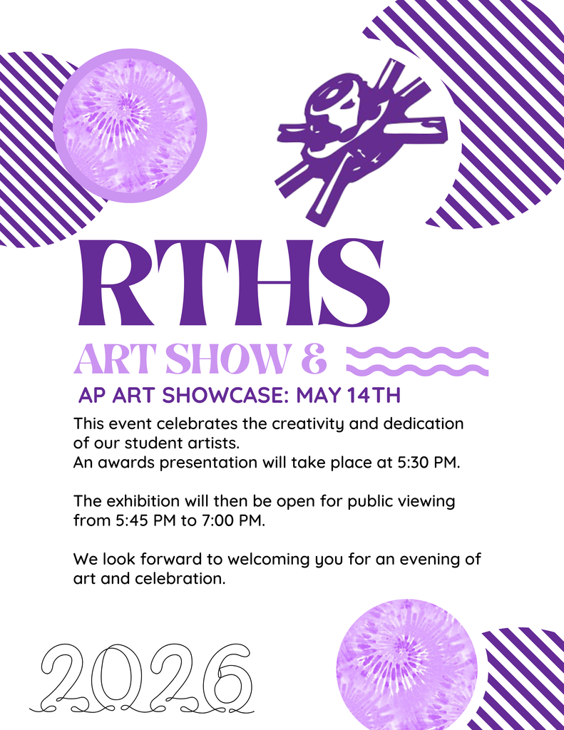 🎨 Reminder! Join us on May 14th for our annual Spring Art Show & AP Art Showcase! Come celebrate the creativity and hard work of our student artists. Awards will be presented at 5:30 PM, followed by public viewing of student artwork from 5:45–7:00 PM. We hope to see you there for an evening of art, creativity, and celebration!