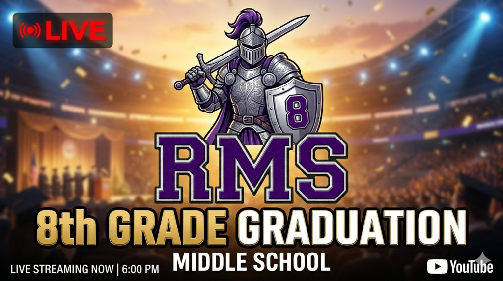 A YouTube Live thumbnail for the RMS Middle School 8th Grade Graduation. In the center is a purple and white block-letter "RMS" logo. Above the logo stands a mascot knight in silver armor with a purple plume and cape, holding a sword over his shoulder and a shield featuring the number 8. The background shows a crowded graduation ceremony inside a stadium under bright spotlights with falling gold confetti. Bold text at the bottom reads "8th GRADE GRADUATION" in gold and "MIDDLE SCHOOL" in white, with a red "LIVE" icon in the top left corner.