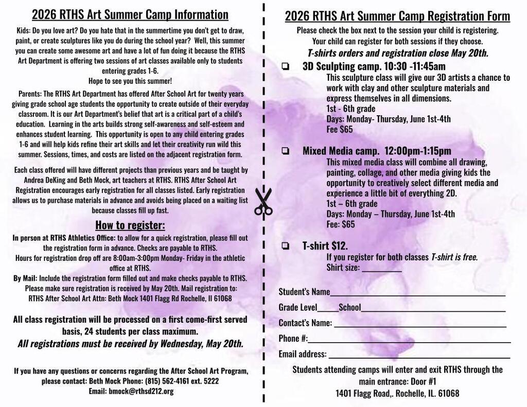 ⏰🎨 RTHS Summer Art Camp Reminder! 🎨⏰ Registration WITH a camp t-shirt closes TOMORROW, May 20th! 👕✨ Want to join the fun but don’t need a shirt? No worries — camp sign-ups without a t-shirt will remain open until May 26th! Students entering grades 1–6 can explore clay, painting, drawing, collage, and more during our summer camps at RTHS! 📅 Camp Dates: June 1–4 🖌️ 3D Sculpting Camp: 10:30–11:45 AM 🎨 Mixed Media Camp: 12:00–1:15 PM Spots fill quickly, so don’t wait! ☀️ #RTHS #SummerArtCamp #CreativeKids #ArtCamp #YoungArtists