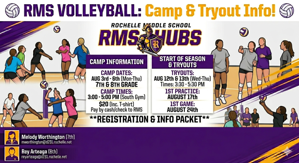 Alt Text: A promotional infographic for Rochelle Middle School (RMS) Volleyball camp and tryout information, designed in the school's purple and gold color scheme. At the top, the header reads "RMS VOLLEYBALL: Camp & Tryout Info!" next to the school name and their mascot logo, a purple and gold knight shield featuring the letter "R" and the text "RMS HUBS." The background features 2D vector illustrations of stylized middle school girls playing volleyball on a gym court. The center of the image displays two main informational white text boxes: Camp Information: Lists camp dates as August 3rd–6th (Monday–Thursday) for 7th & 8th grade. Times are 3:00–5:00 PM in the South Gym. The cost is $20 (includes a T-shirt), payable by cash or check to RMS. Start of Season & Tryouts: Lists tryout dates as August 12th & 13th (Wednesday–Thursday) from 3:30–5:30 PM. It notes the first practice is August 17th and the first game is August 24th. The bottom purple banner lists the coaching staff contact details: 7th-grade coach Melody Worthington (mworthington@d231.rochelle.net) and 8th-grade coach Rey Arteaga (reyarteaga@d231.rochelle.net), accompanied by simple male and female avatar icons.