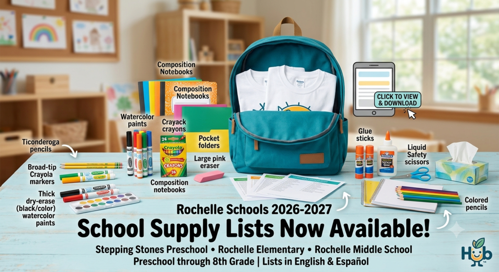An open, blue backpack sitting on a light-wood table in a classroom setting is the center of attention in an image that is framed by school supplies and text. Labels point to Ticonderoga pencils, Broad-tip Crayola markers, thick dry-erase (black/color) watercolor paints, composition notebooks, Crayola crayons, pocket folders, large pink erasers, liquid safety scissors, glue sticks, and colored pencils, a box of tissues is also pictured. An illustrative tablet in the upper-right includes the text “CLICK TO VIEW & DOWNLOAD”. The text “Rochelle Schools 2026-2027 School Supply Lists Now Available! Stepping Stones Preschool Rochelle Elementary Rochelle Middle School Preschool through 8th Grade | Lists in English & Español” is at the bottom. The background is a classroom.