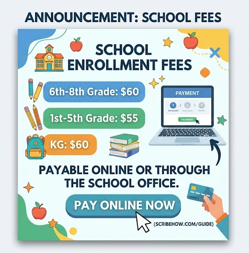 An announcement infographic for school enrollment fees on a light gray background with colorful shapes. Text at the top reads "ANNOUNCEMENT: SCHOOL FEES". A central illustrated area with a light blue and green abstract background contains school-related illustrations like a school building, pencils, a backpack, books, and apples. A list of enrollment fees is clearly displayed: 6th-8th Grade: $60 (in a blue box); 1st-5th Grade: $55 (in a green box); KG: $60 (in an orange box). An illustration of a laptop shows a simulated "PAYMENT" screen. Large bold text below states, "PAYABLE ONLINE OR THROUGH THE SCHOOL OFFICE." A prominent blue button reads "PAY ONLINE NOW" with a cursor pointer. To the right, a hand is holding a credit card. Smaller text at the bottom right provides a link or guide reference: "(SCRIBEHOW.COM/GUIDE)". The "facebook" logo is in the top left, and another small logo is in the bottom right corner. Stars and small decorative elements are scattered throughout the illustration.