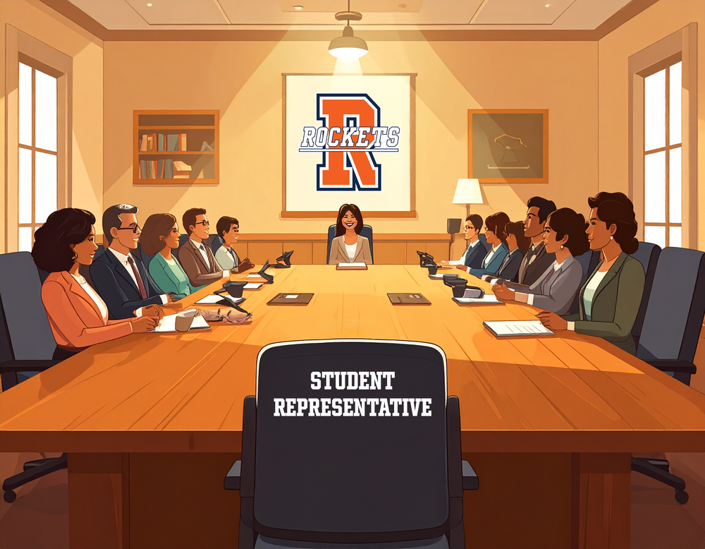 an empty chair with the words "student representative" sits at a table full of adults