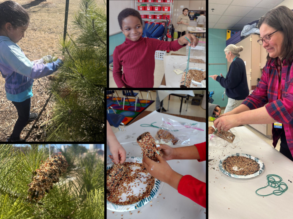 Students and teacher making bird feeders