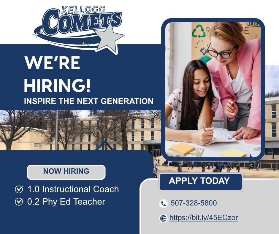 Kellogg Middle School Hiring Flyer for Instructional Coach and Phy Ed Teacher