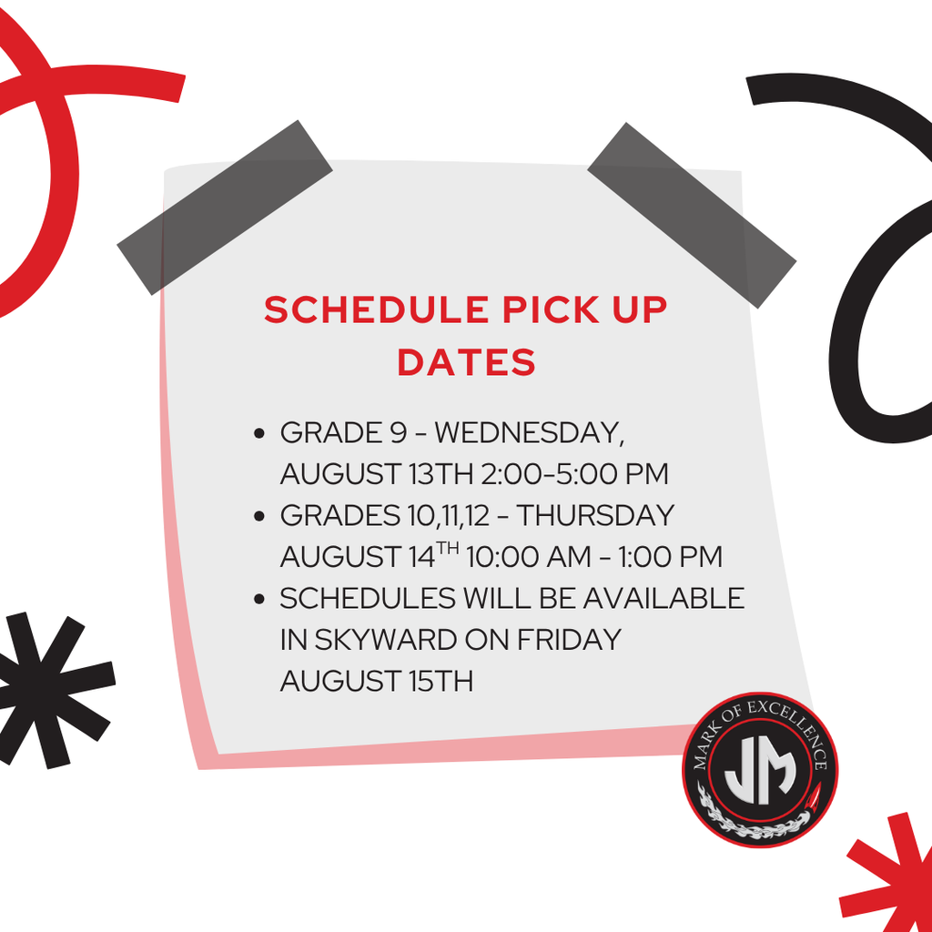 Schedule pick up dates grade 9 August 13 2:00-5:00 PM. Grades 10, 11, 12 Thursday August 14 10:00 - 1:00. Schedules will be in Skyward on Friday August 15