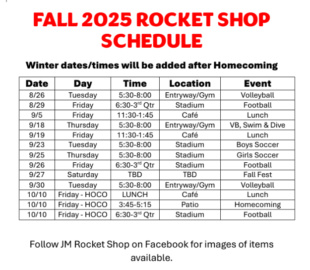 2025 Rocket Shop schedule