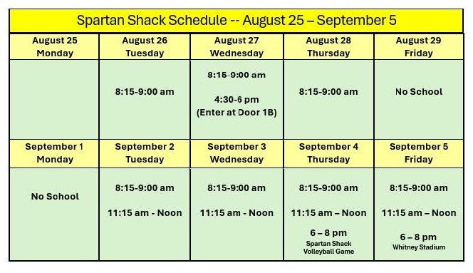 Spartan Shack hours 8.25-9.5