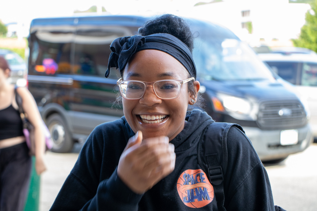 Student at RALC trying not to laugh while posing for a photo.